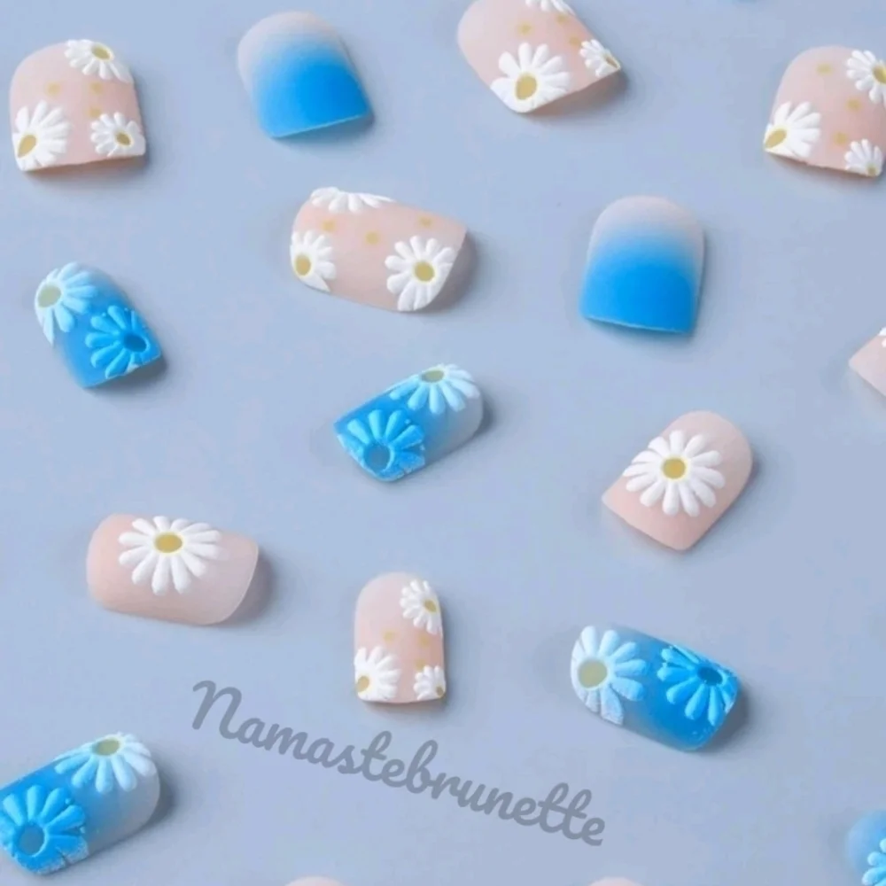 2/$16 Boho Blue Ombe Daisy Press On Nails